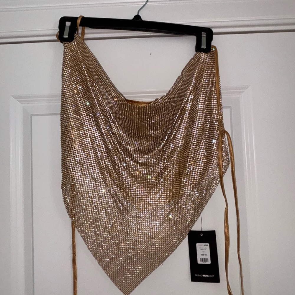 Fashion Nova Gold Rhinestone Mesh Top - Picture 6 of 14
